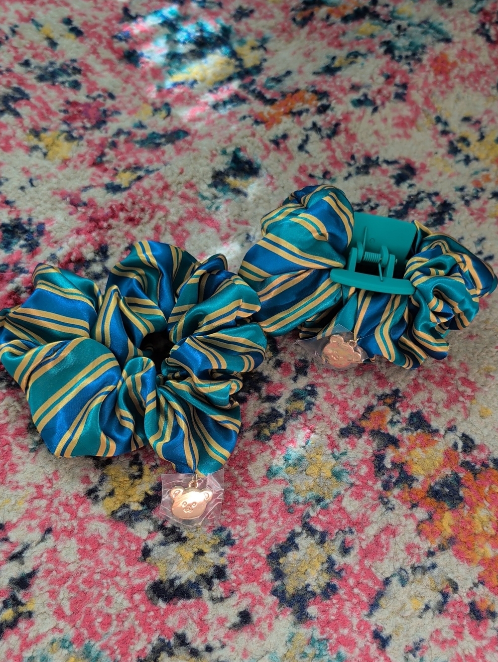 Striped Teal and Gold Satin Scrunchie & Claw Clip Set